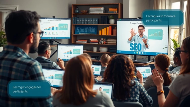 Une scène de webinaire en ligne engageante avec des participants observant une présentation sur l'optimisation SEO.