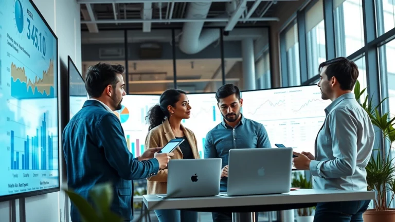 Une équipe professionnelle analysant les tendances du marché avec des outils d'IA dans un bureau moderne.