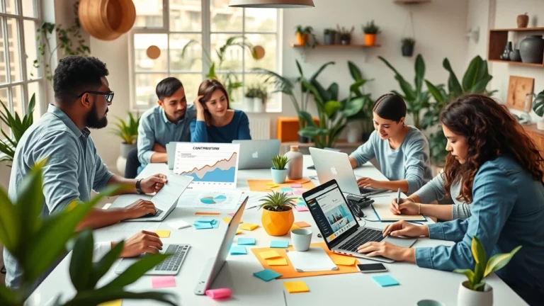 Illustration d'un groupe diversifié travaillant ensemble sur des stratégies de crowdfunding avec des ordinateurs portables et des graphiques.