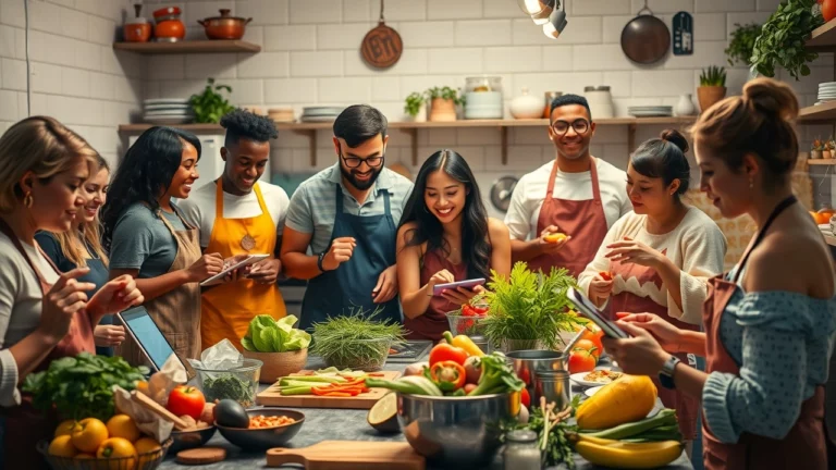Une scène de cuisine vivante avec des passionnés de gastronomie partageant des plats.