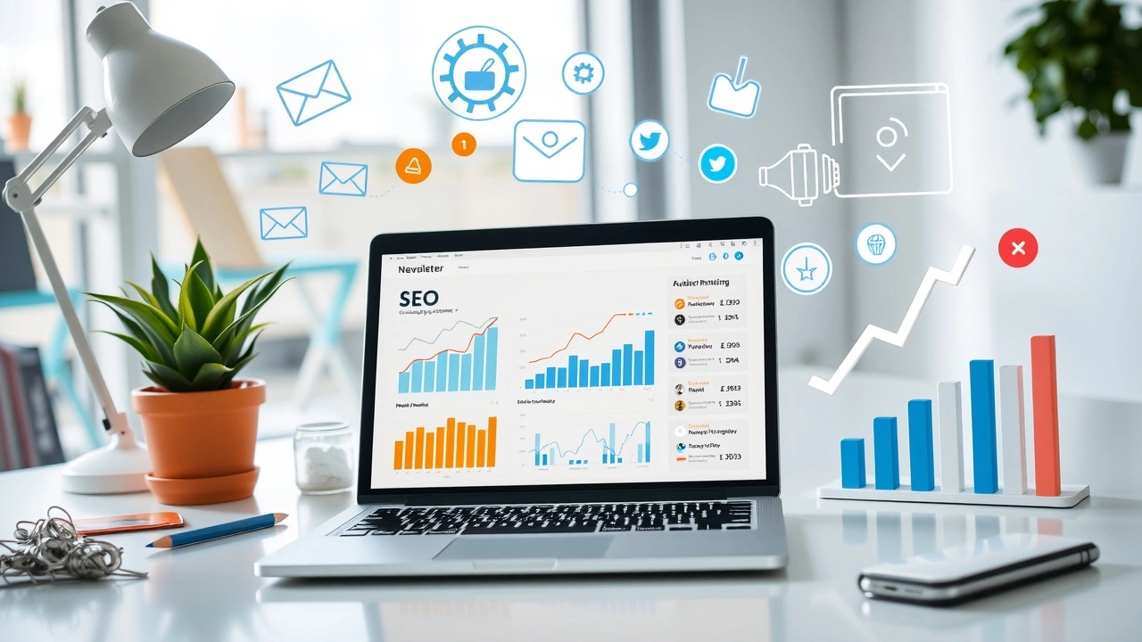 Un espace de travail numérique moderne avec un ordinateur portable affichant des graphiques d'analyse SEO.