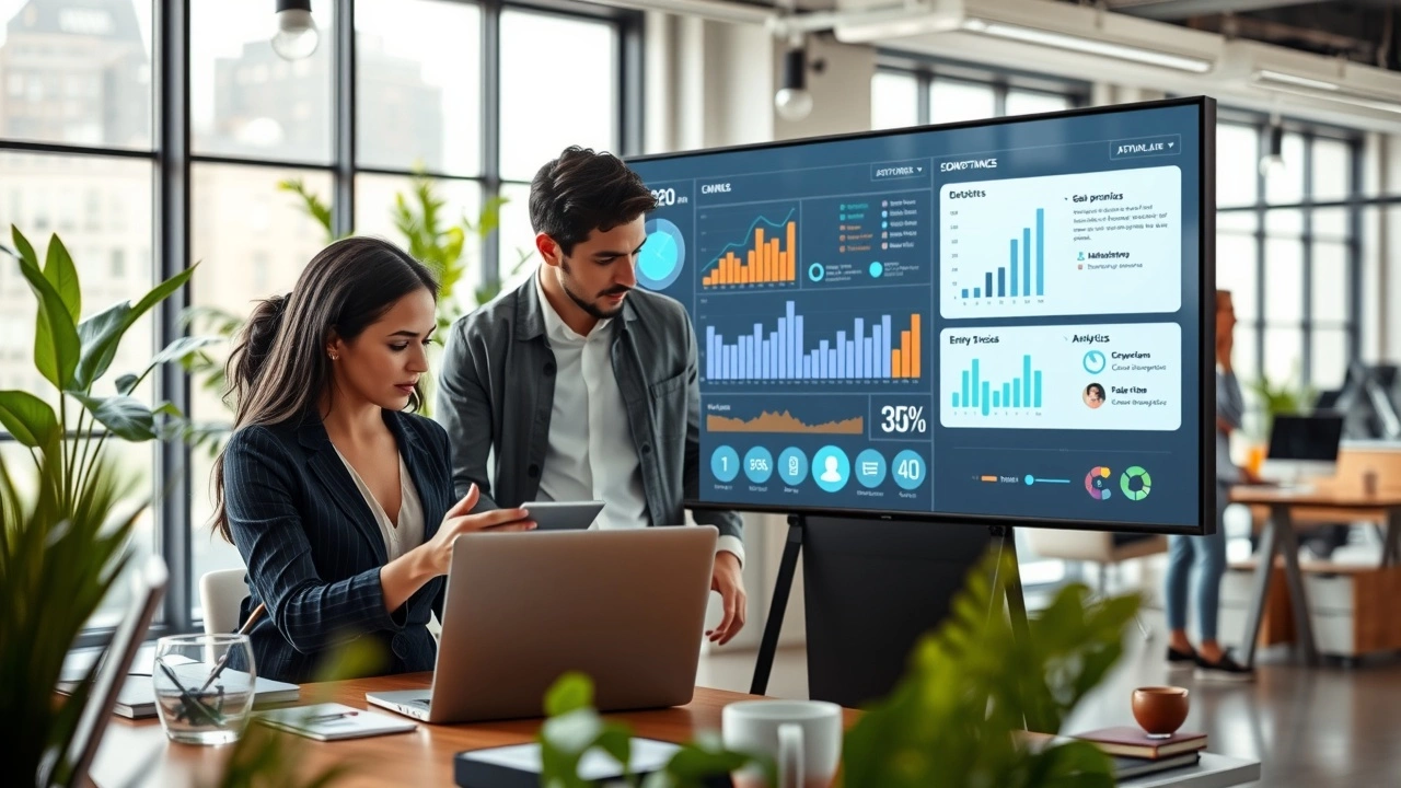 Une équipe professionnelle analysant des données SEO dans un bureau moderne.