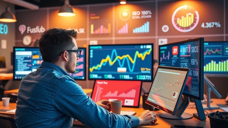 Un professionnel du marketing numérique analysant des données sur des écrans concernant le contenu éphémère.