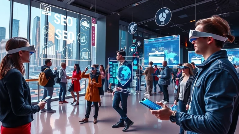 Une scène photoréaliste montrant des utilisateurs engageant avec la réalité augmentée pour le SEO.