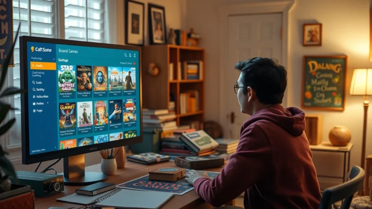 Une scène illustrant une plateforme de jeux de société en ligne avec une personne concentrée sur l'écran.