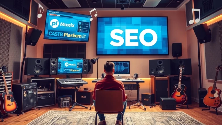 Un musicien dans un studio moderne optimisant son SEO pour la musique en streaming.
