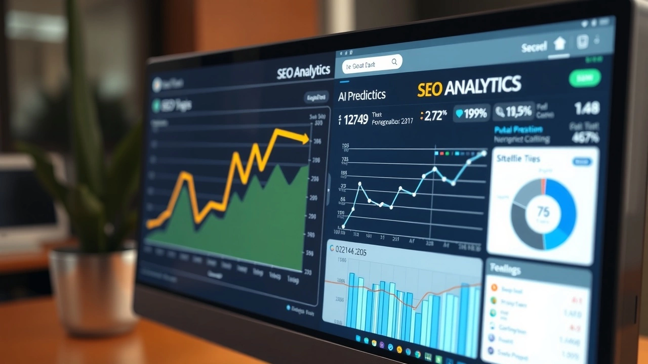 ordinateur montrant des analyses SEO avec des prévisions IA