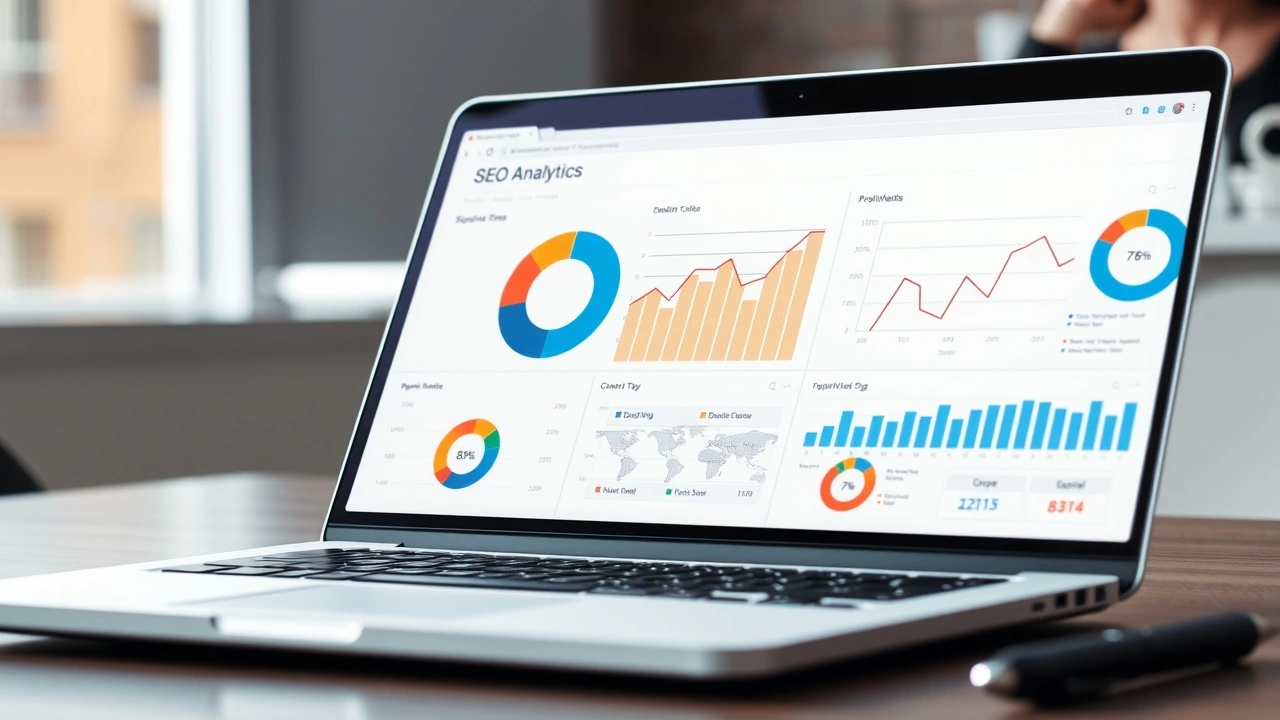 ordinateur portable avec des graphiques d'analyse SEO