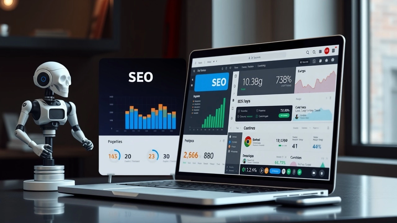 ordinateur portable avec outils SEO et assistant IA