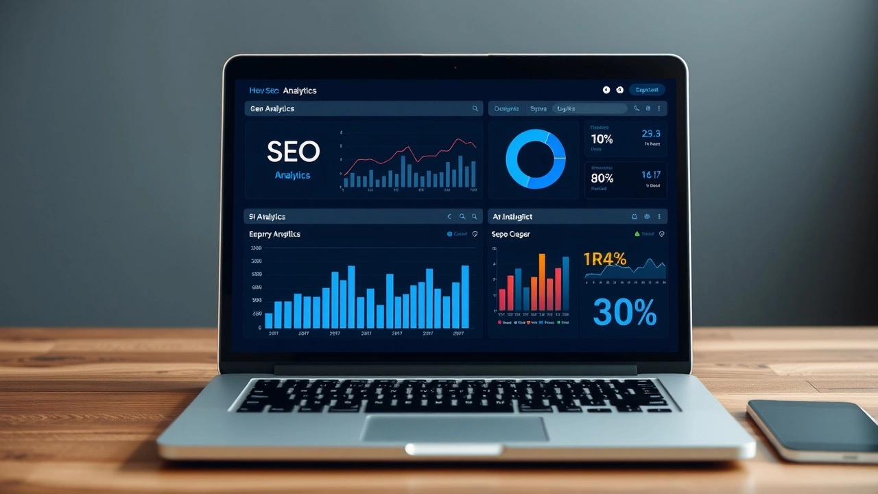 ordinateur portable avec graphiques SEO et intelligence artificielle