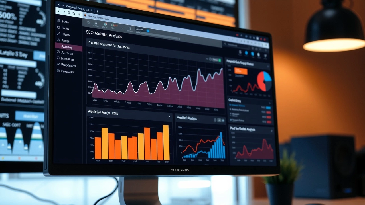 ordinateur avec graphiques SEO et outils d'analyse prédictive