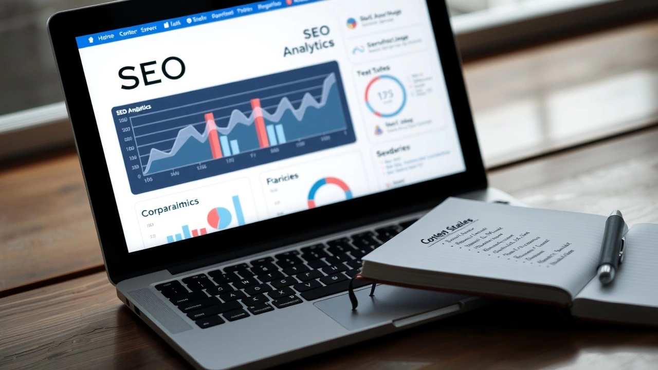 ordinateur portable avec analyse SEO et cahier de stratégies