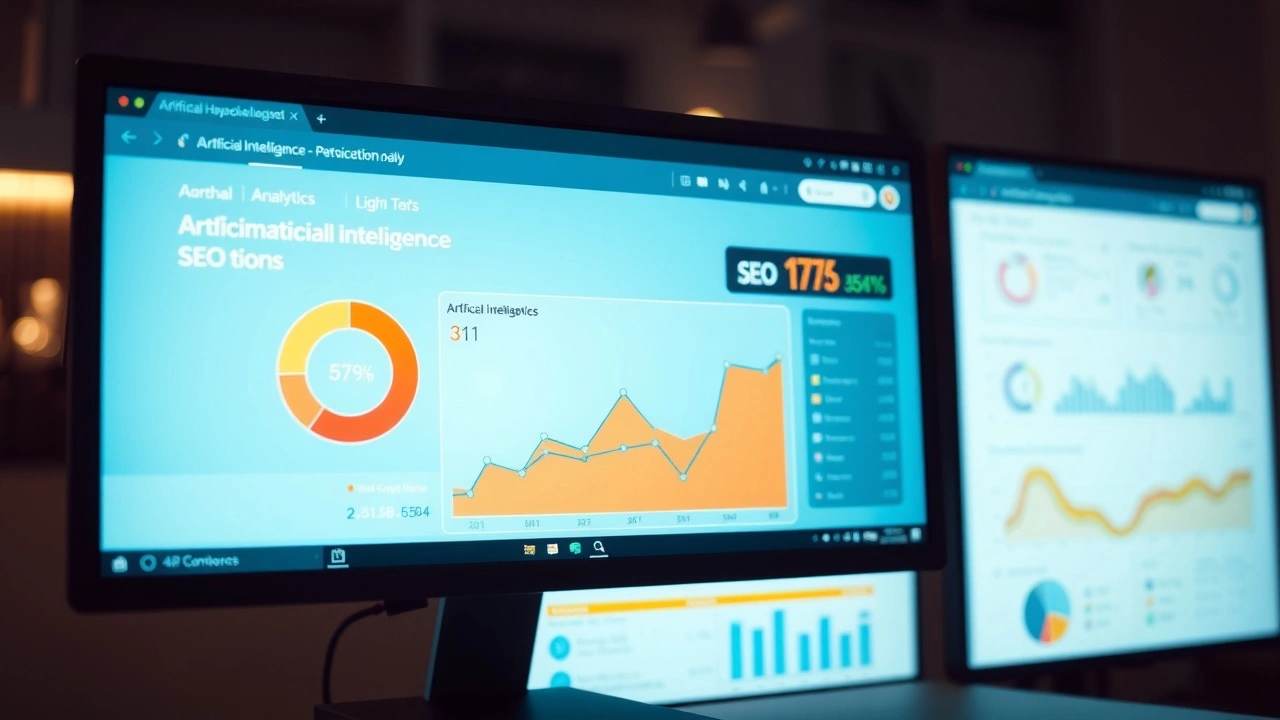 ordinateur affichant des analyses SEO avec outils IA