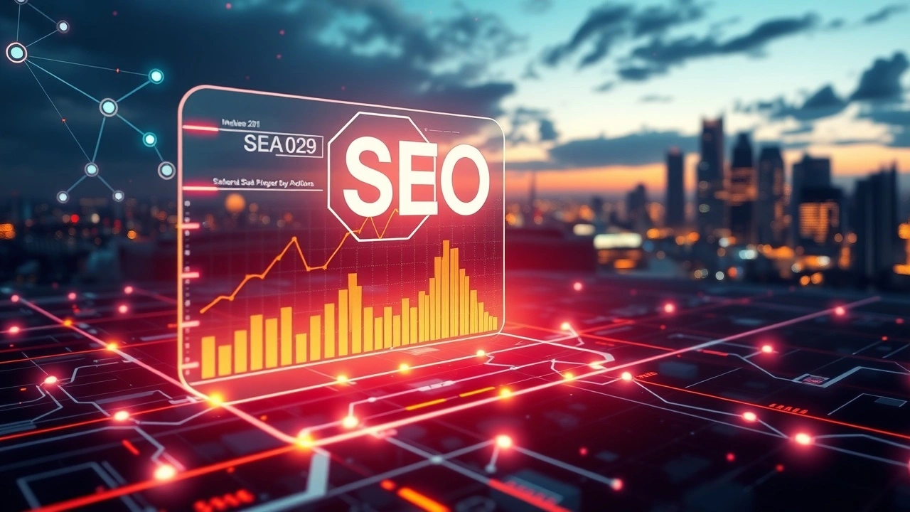 Une illustration d'un paysage numérique futuriste avec une interface holographique montrant des indicateurs de performance SEO.