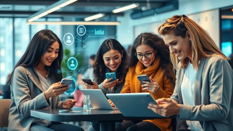 Un groupe de personnes utilisant des appareils numériques dans un environnement moderne, illustrant la personnalisation des expériences par l'IA.