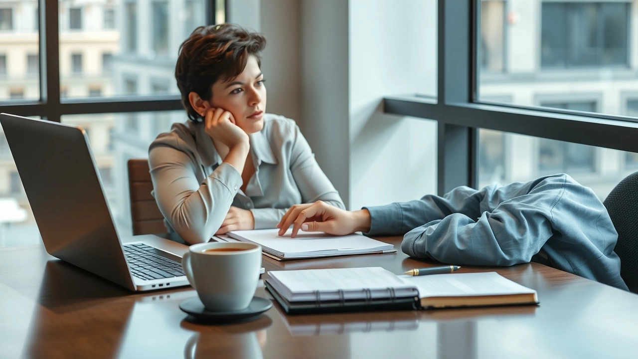 person consultando laptop y notas en una mesa