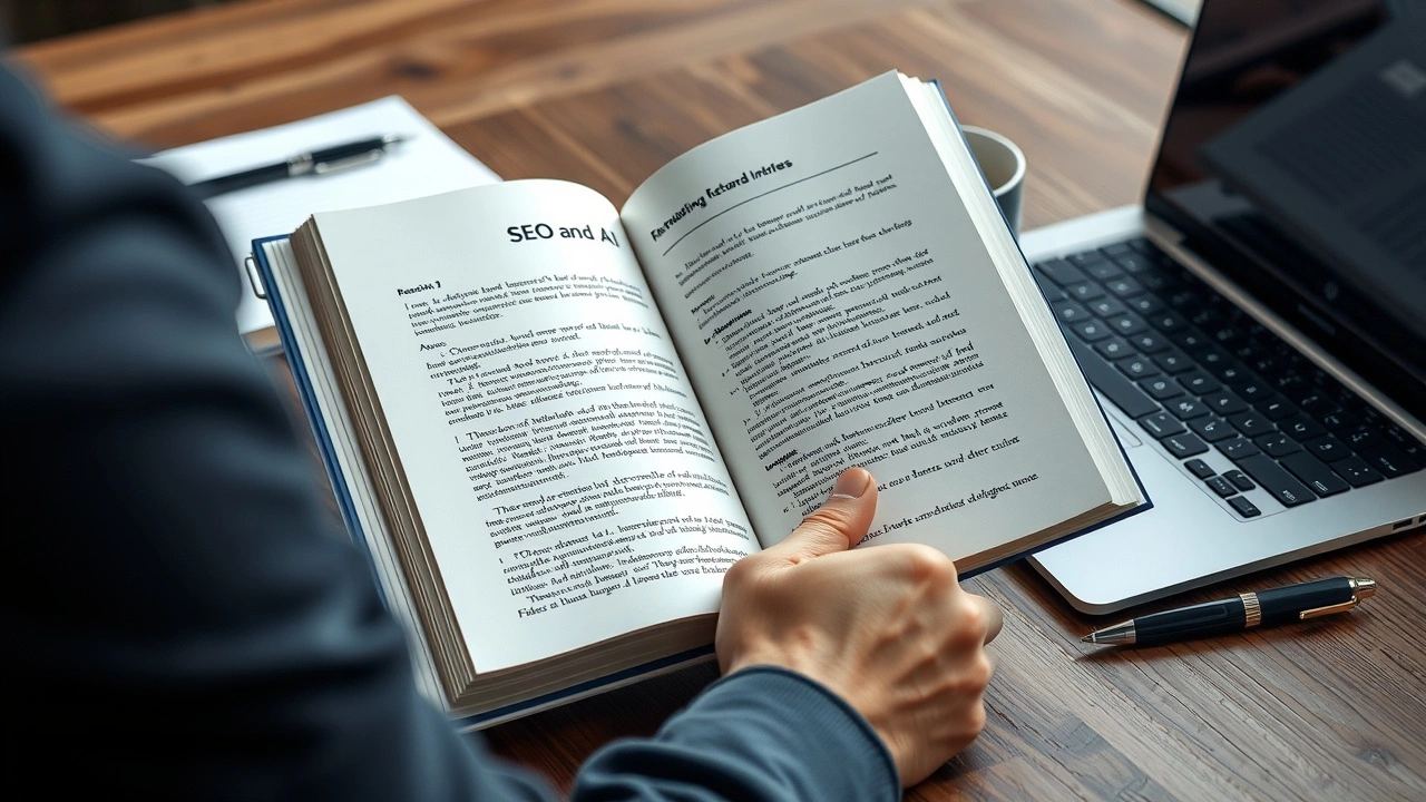 person lisant un livre sur SEO et IA