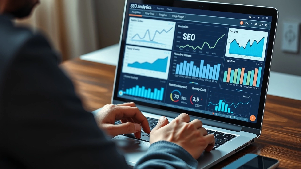person tapant sur un ordinateur avec des graphiques SEO