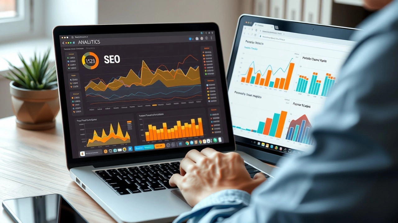 person utilisant un ordinateur portable avec des graphiques SEO