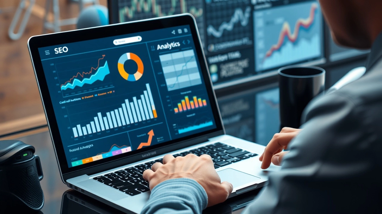 person utilisant un ordinateur portable avec des analyses SEO