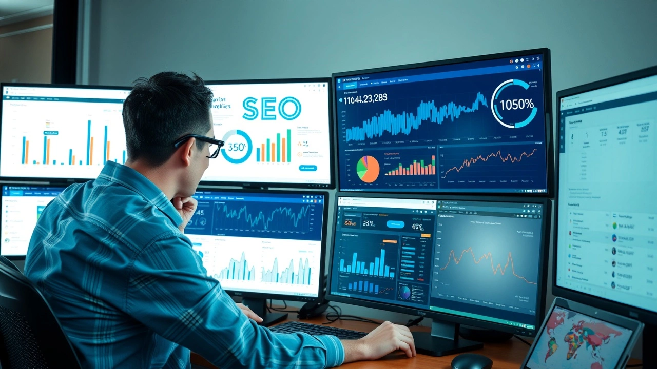 person travaillant avec des ecrans sur le SEO et lIA