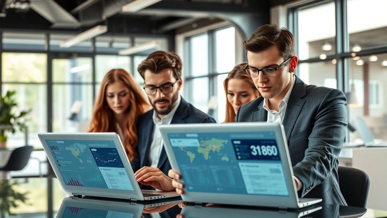 professionnels analysent des données SEO dans un bureau moderne
