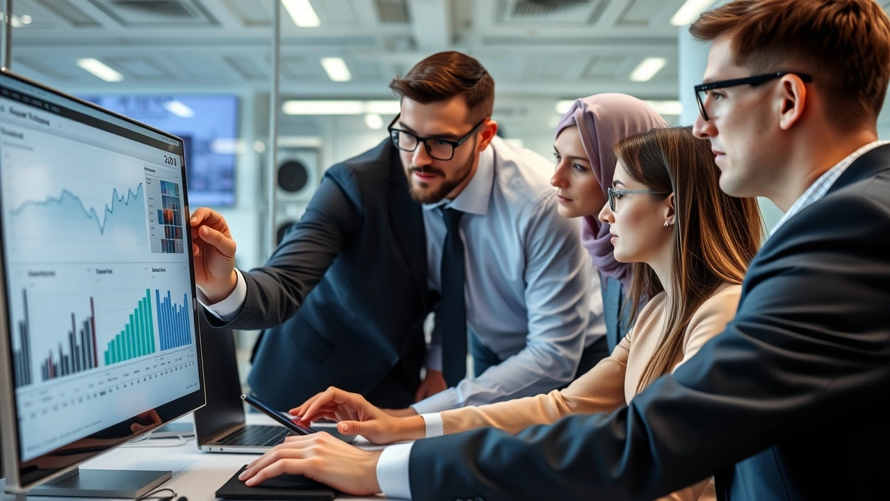 groupe de professionnels analysant des tendances sur un ordinateur