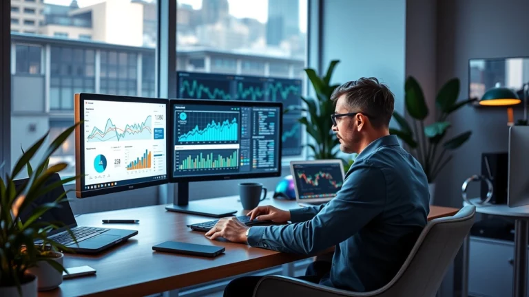 Une scène montrant un espace de travail moderne axé sur l'analyse SEO avec l'IA.