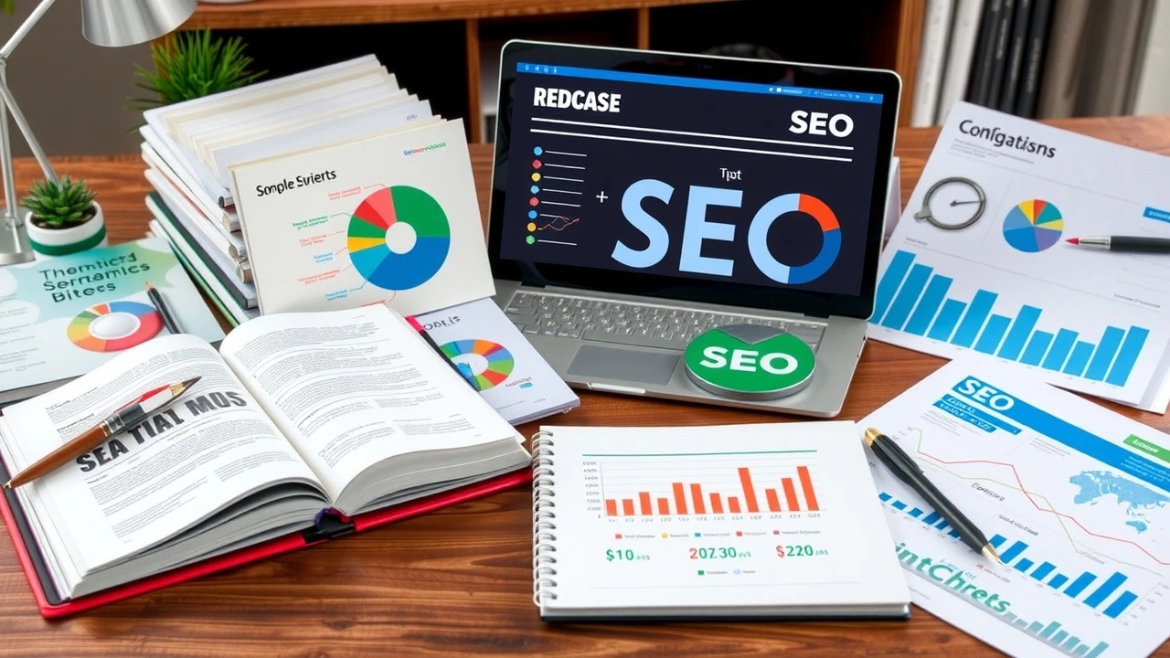 outils SEO sur un bureau avec livres et ordinateur