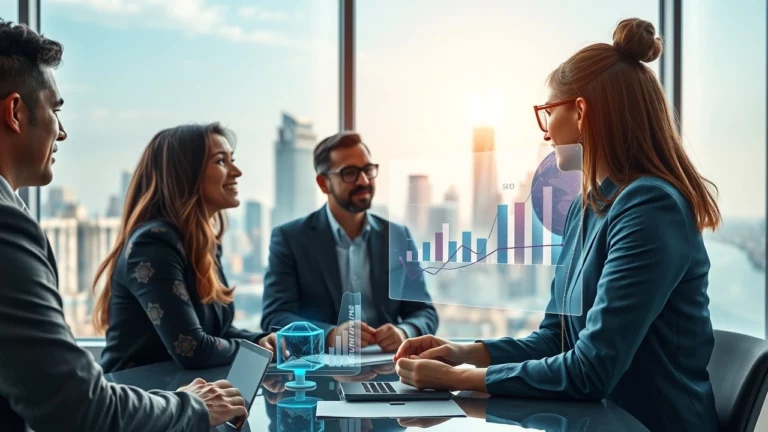 Une réunion d'affaires moderne illustrant l'innovation en stratégie SEO avec l'IA.