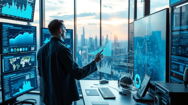 Scène futuriste d'un bureau numérique avec un système IA surveillant les tendances SEO en temps réel.