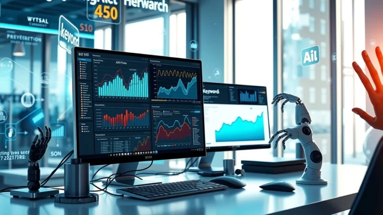 Une illustration photoréaliste d'un espace de travail numérique sur le SEO à l'ère de l'IA.