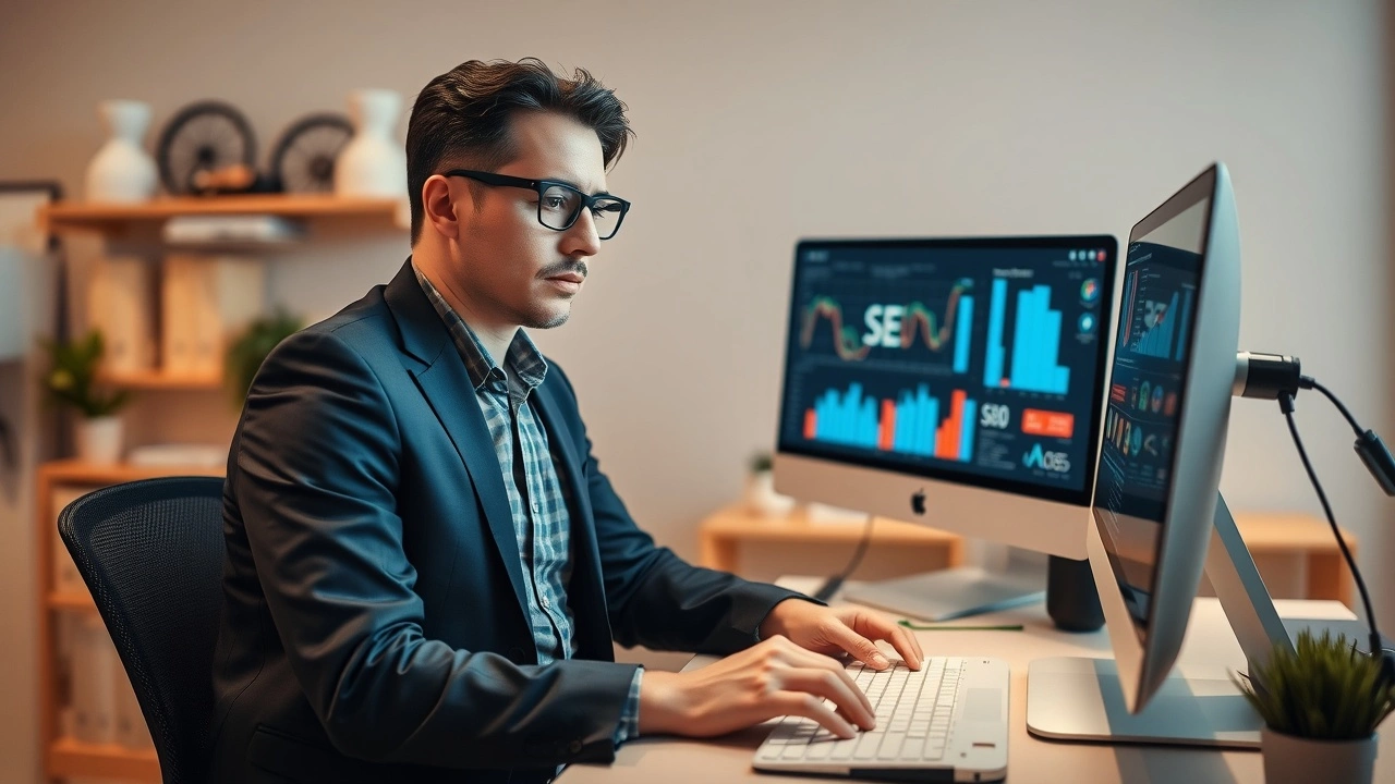 un spécialiste SEO utilisant des outils dIA sur un ordinateur