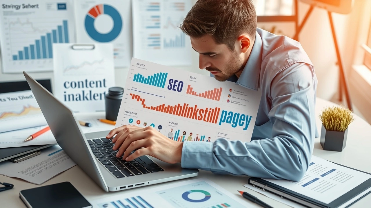 stratégiste de contenu analysant des données SEO sur un ordinateur
