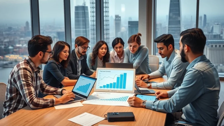 Professionnels discutant d'une strategie de mots-cles dans un bureau moderne.