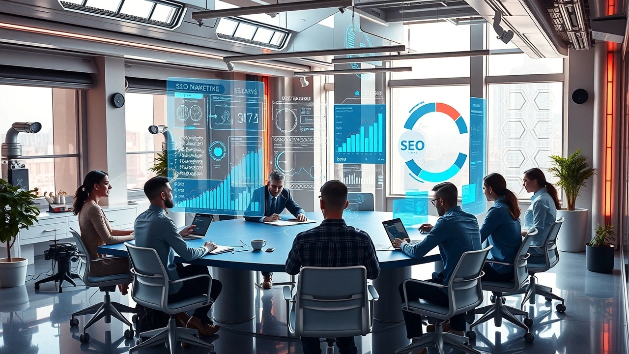 Une équipe de marketing numérique discutant des stratégies SEO avec des affichages holographiques