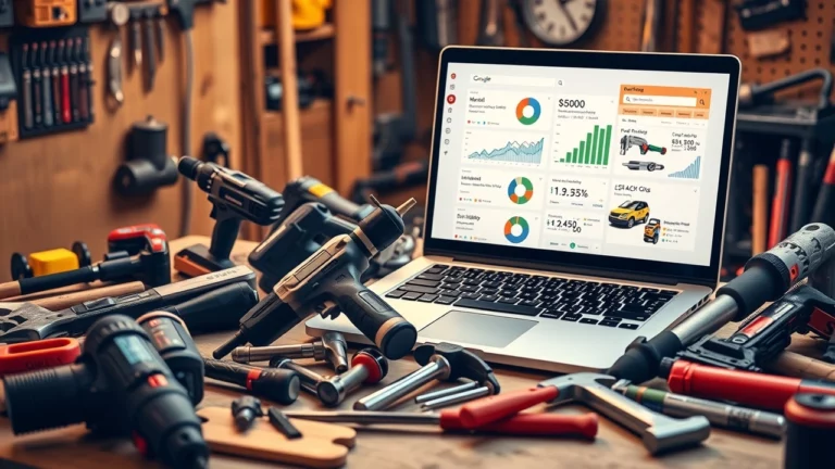 Une illustration photoréaliste d'un plan de travail avec des outils et un ordinateur portable affichant un tableau de marketing numérique.