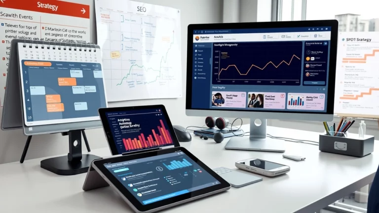 Une scène moderne de gestion d'événements avec un tableau de bord d'analyse SEO.