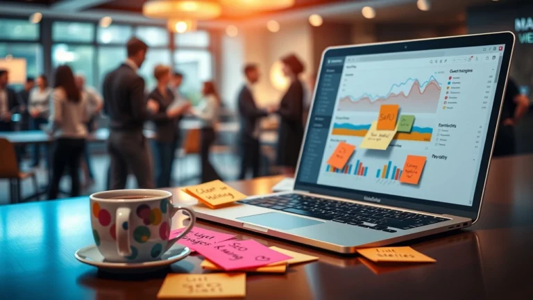 Une scène de bureau numérique illustrant des stratégies SEO pour les articles invités, avec un ordinateur portable, des notes autocollantes et des personnes en réseau.