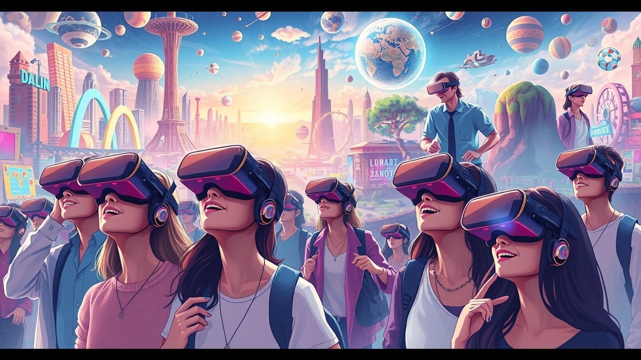 Une illustration photoréaliste de personnes utilisant des casques de réalité virtuelle dans des environnements immersifs.