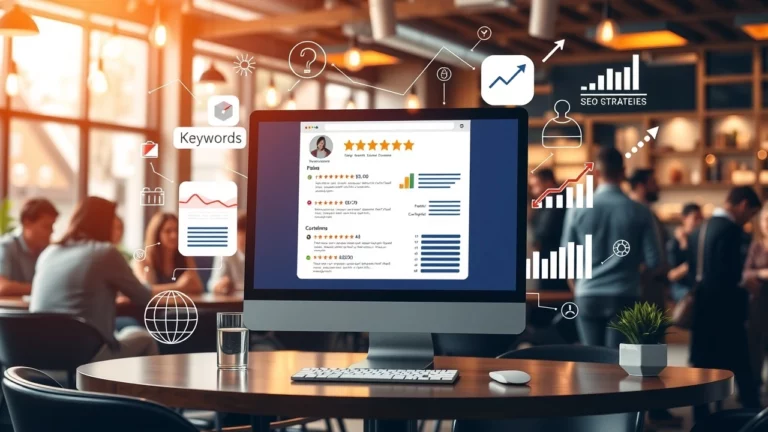 Une illustration d'une plateforme de critiques en ligne avec des éléments symbolisant les stratégies SEO.
