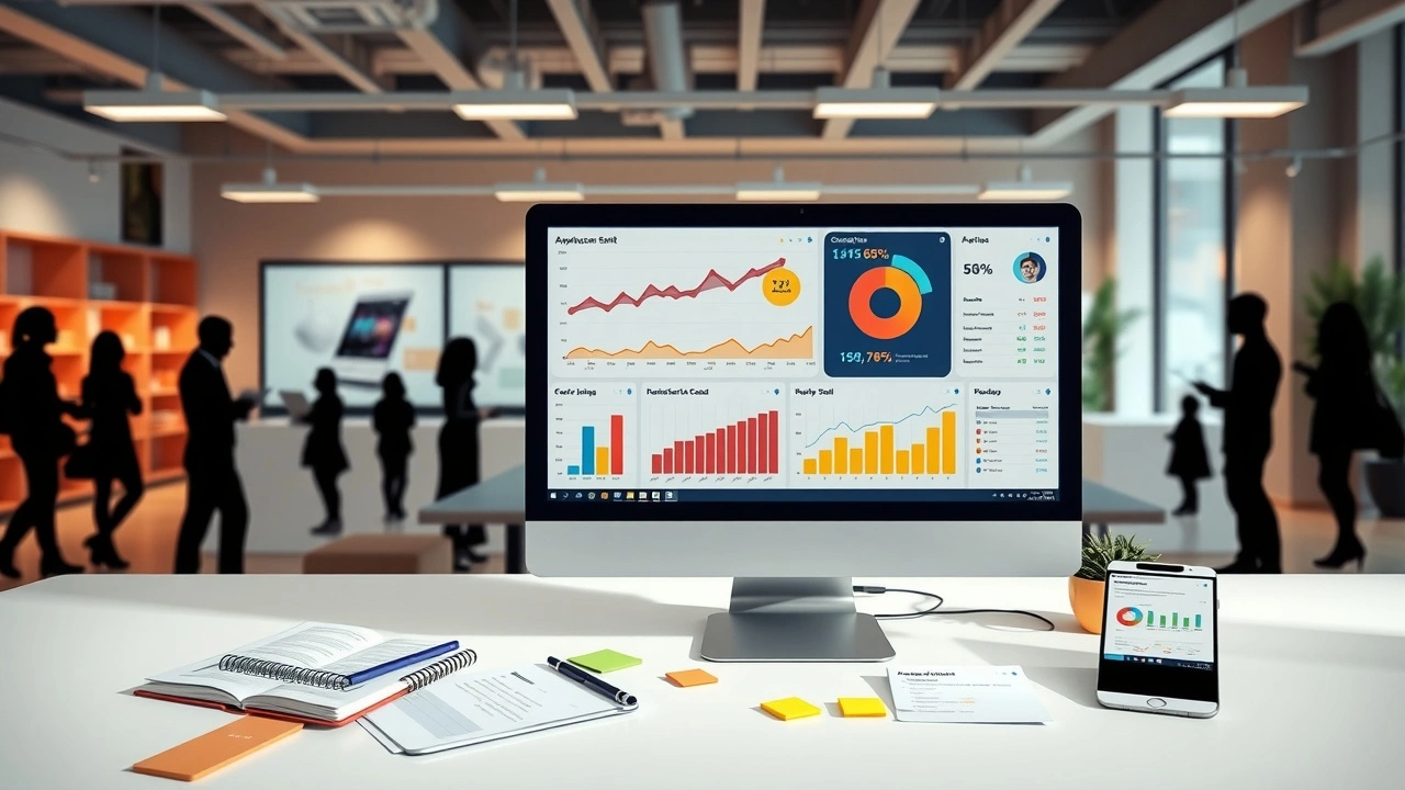 Scène d'un espace de travail numérique montrant des métriques SEO et l'engagement des consommateurs.