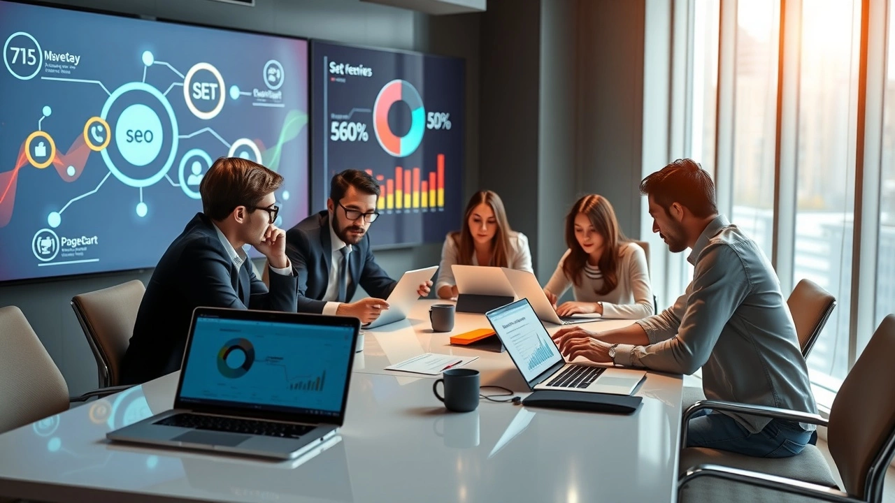 Une scène représentant des professionnels discutant des stratégies SEO pour les avis clients en ligne.