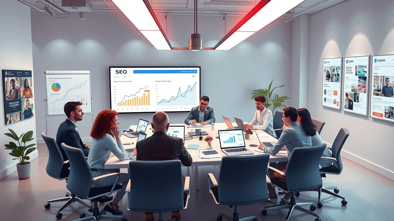Une illustration photoréaliste montrant des stratégies SEO pour améliorer la visibilité sur les plateformes de commerce d'influence.
