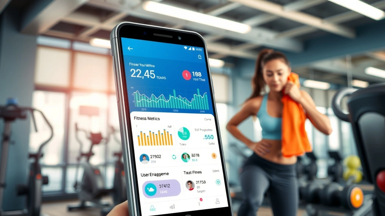Illustration d'une application de fitness sur un smartphone avec des graphismes de suivi et d'engagement.