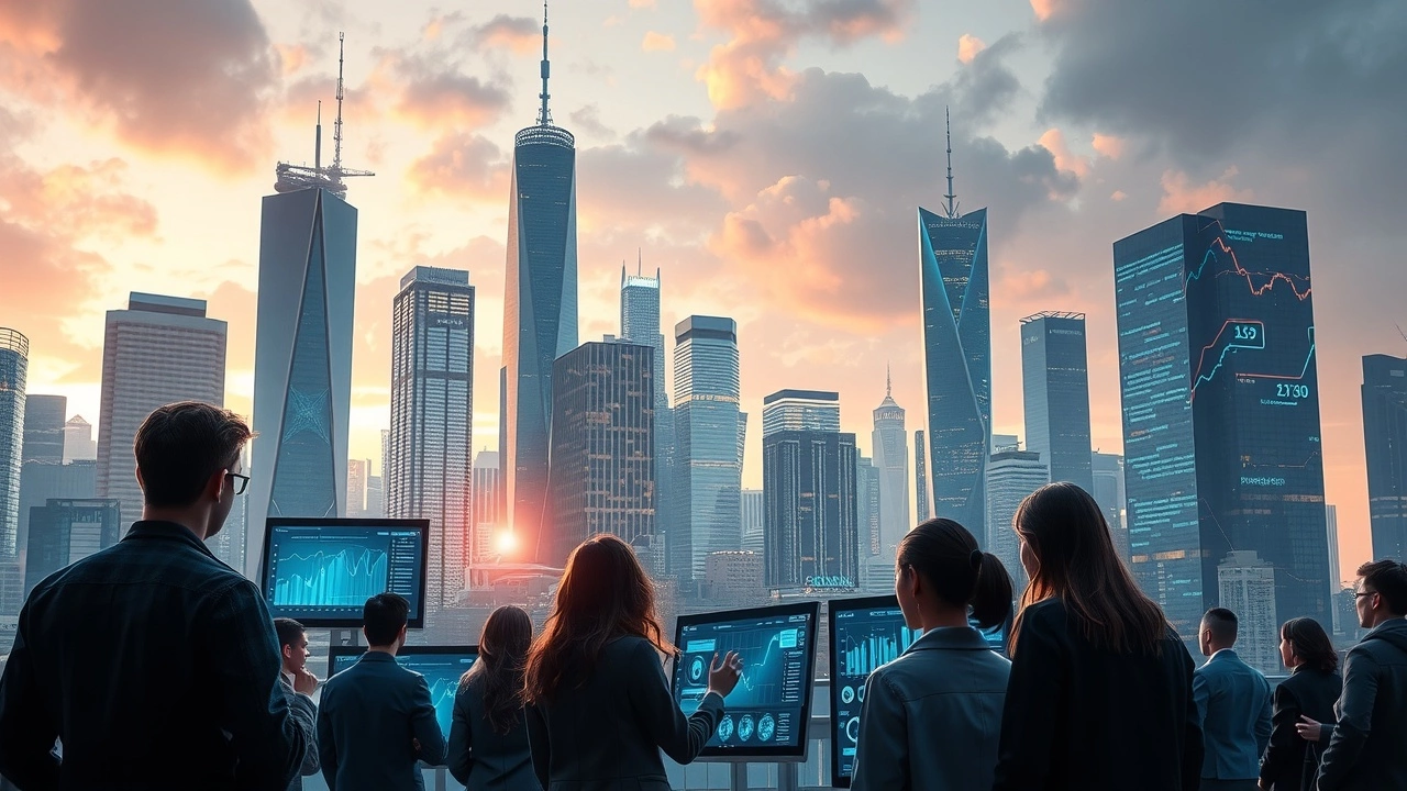 Une illustration de la surveillance des données SEO avec de l'IA dans une ville futuriste.