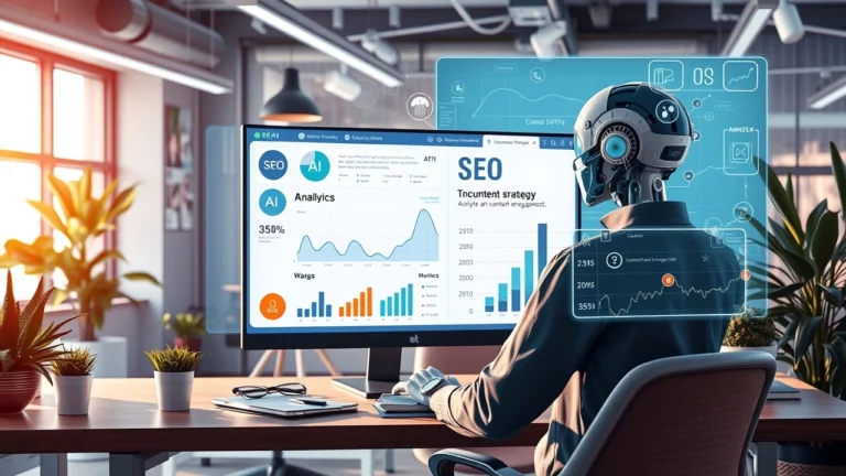 Une image illustrant la synergie entre le SEO et l'IA dans un bureau moderne.