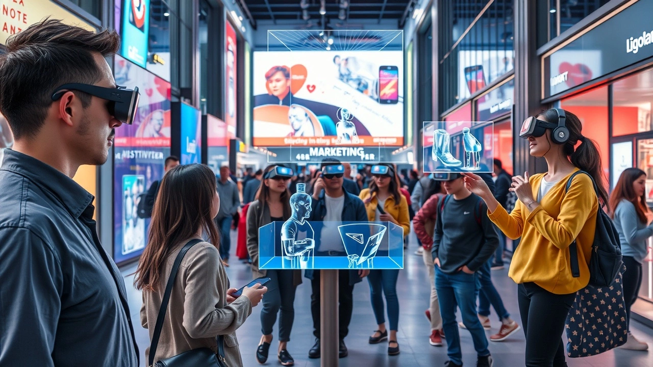 Techniques SEO pour les plateformes de réalité augmentée illustrées dans une ville moderne.