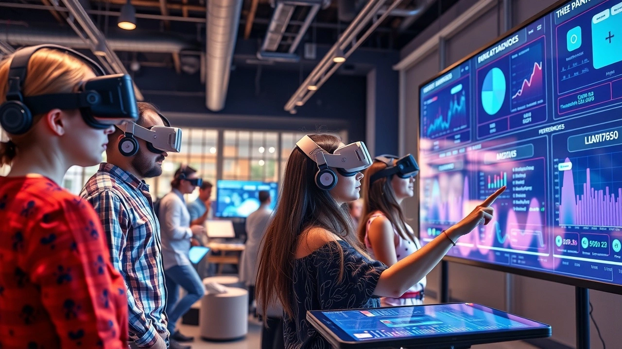 Une scène photoréaliste illustrant les techniques d'optimisation SEO sur des plateformes de réalité augmentée.