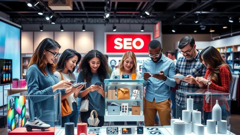 Scène de téléachat montrant des consommateurs engagés avec divers produits dans un cadre moderne.